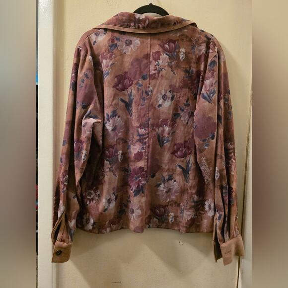 Vtg Velvet Floral Button Front Blazer Jacket Faux Suede Brown/Green Womens L USA - Picture 2 of 9